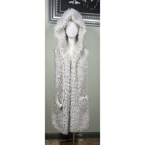 Ashley by 26 International Women Sz M Cream Faux Fur Fuzzy Hood Open Front Vest
